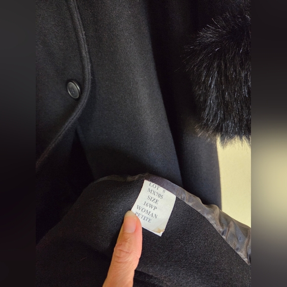 Vintage Black 100% Wool Penny Lane Style Faux Fur Coat Old Money Glamorous - Picture 6 of 9